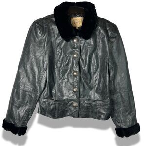 Double D Ranch Black Leather Jacket with Faux Fur Trim